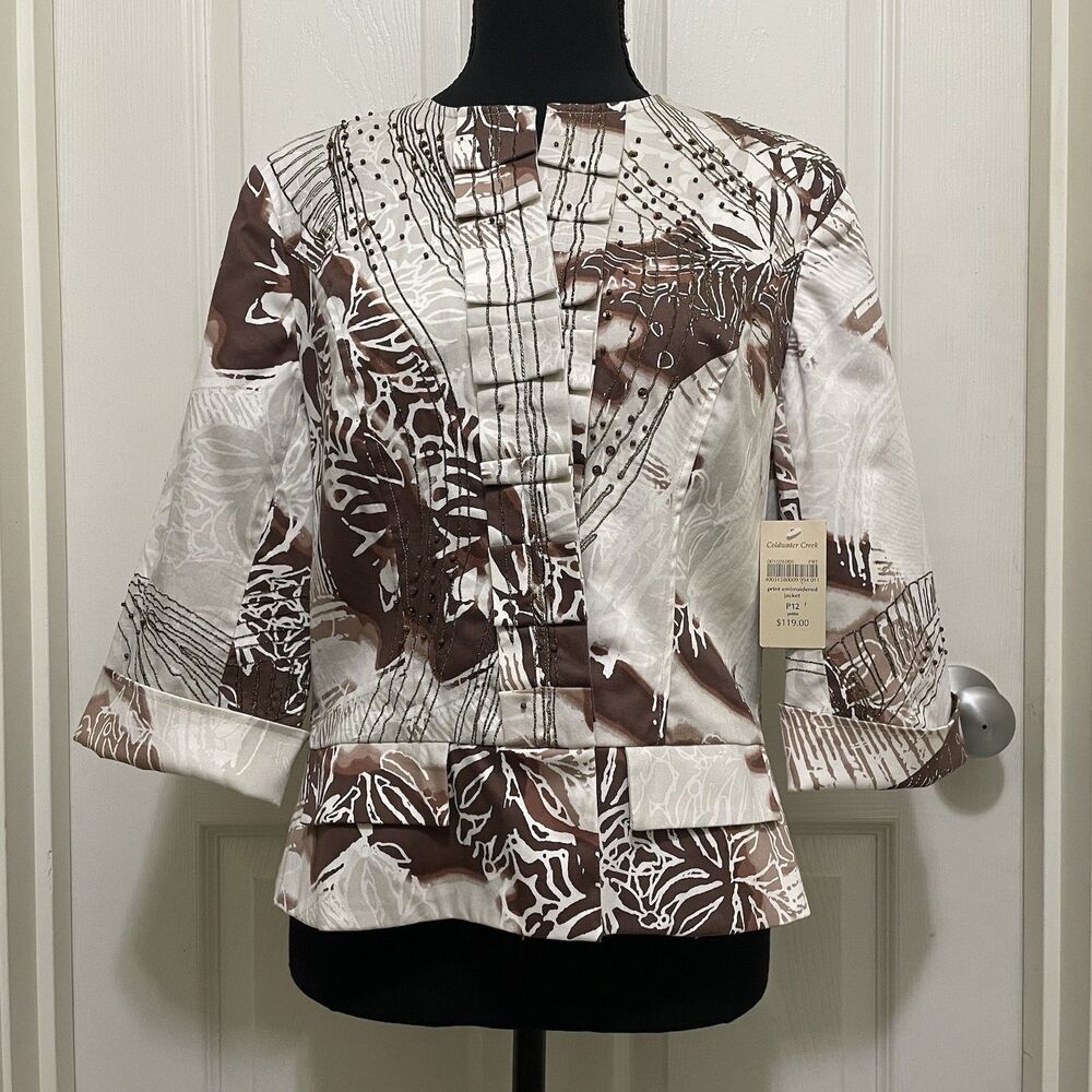NWT Coldwater Creek Open Front Blazer‎ Beaded Sequin Cotton Jacket Ruffle Sz 12P